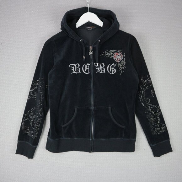 BCBGMAXAZRIA Velour Rhinestone Embroidered Rose Y2K Grunge Hoodie Large Velvet - Picture 1 of 7